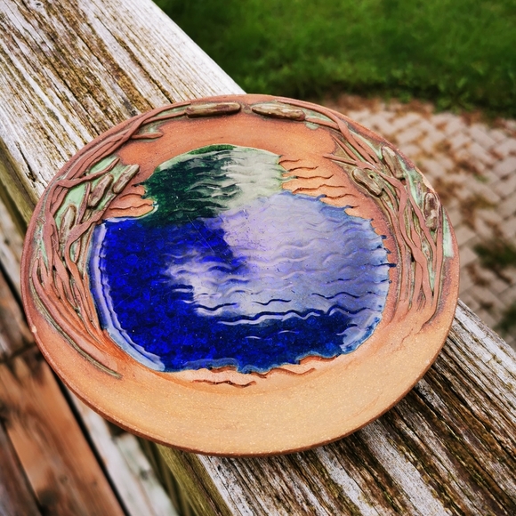 Red Clay Art Pottery Plate with Water Scene and Cat Tails / Bulrush - Picture 7 of 16